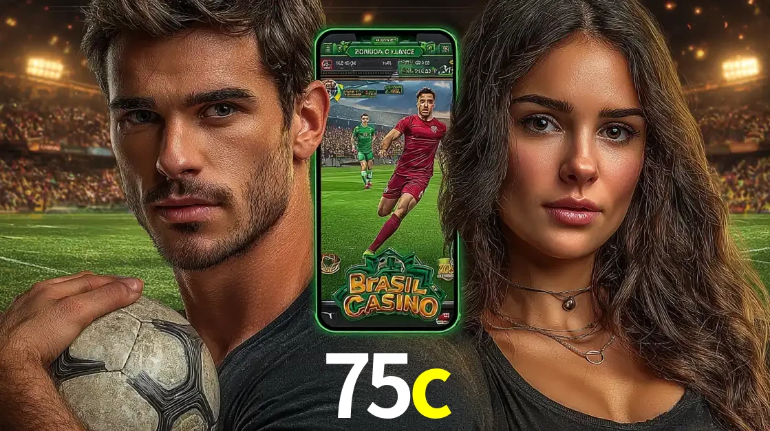 Homem segurando uma bola de futebol e uma mulher ao lado de um smartphone exibindo o jogo de apostas esportivas da 75c. Faça seu palpite no cassino online.